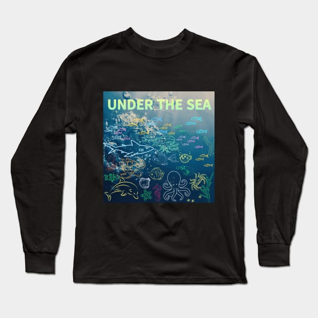 under the sea,blue sea,sea creatures,Turtle, puffer fish, starfish, shrimp, shark, tropical fish, sea horse, seaweed, sardines, squid, crabs, clams Long Sleeve T-Shirt by zzzozzo